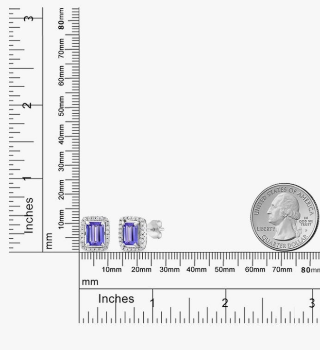 925 Sterling Silver Gemstone Birthstone Earrings | Emerald Cut 8X6MM | Halo Earring for Women