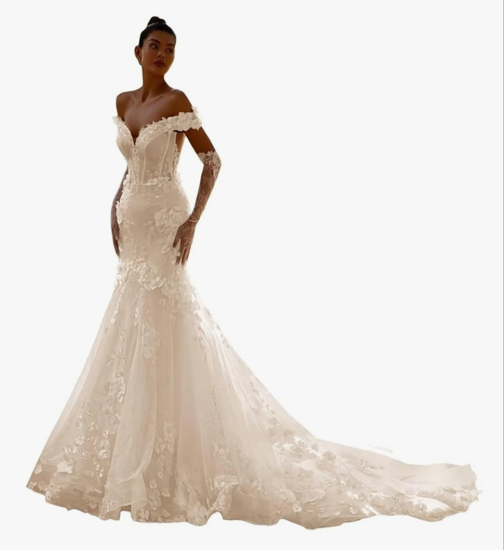 Off Shoulder Tulle Wedding Dresses Mermaid Lace Applique V-Neck Sparkly Bridal Gowns with Train for Brides Elegant dress