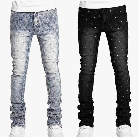 Rhinestone Skinny Stacked Jeans Mens Straight Leg Jeans Casual Pants Slim Fit Jeans Vintage Grunge Hip Hop Pants