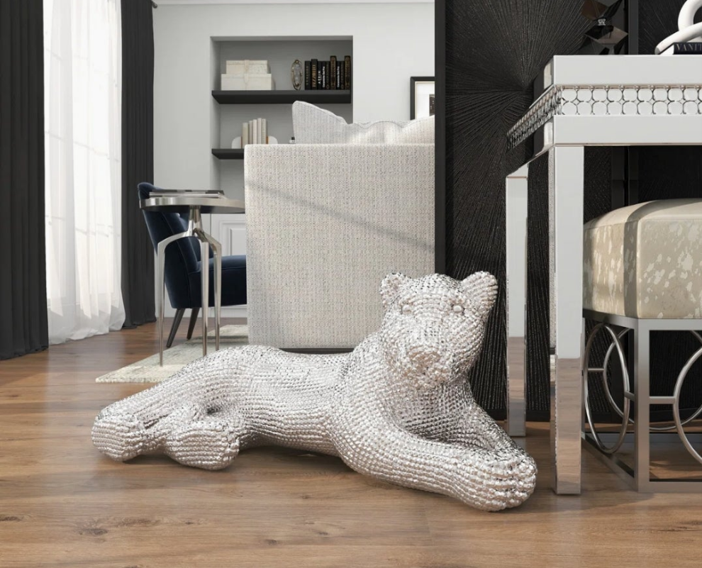 Floor Leopard Decorative Sculpture with Carved Faceted Diamond Exterior