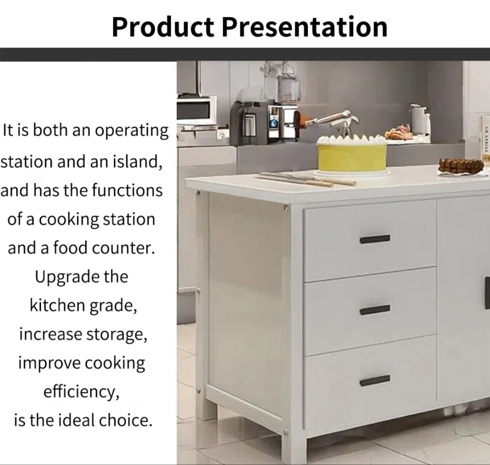 White Kitchen Island with Marble Top, Solid Wood Base, and Storage Cabinets
