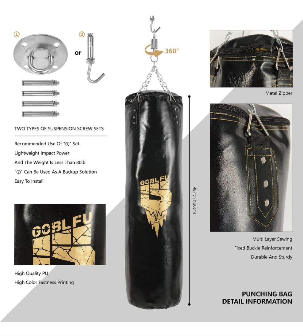 Hanging Punching Bag for Adults, 4ft PU Heavy Unfilled Boxing Bag Set with 10OZ Boxing Gloves for Kickboxing Boxing Karate Home Gym