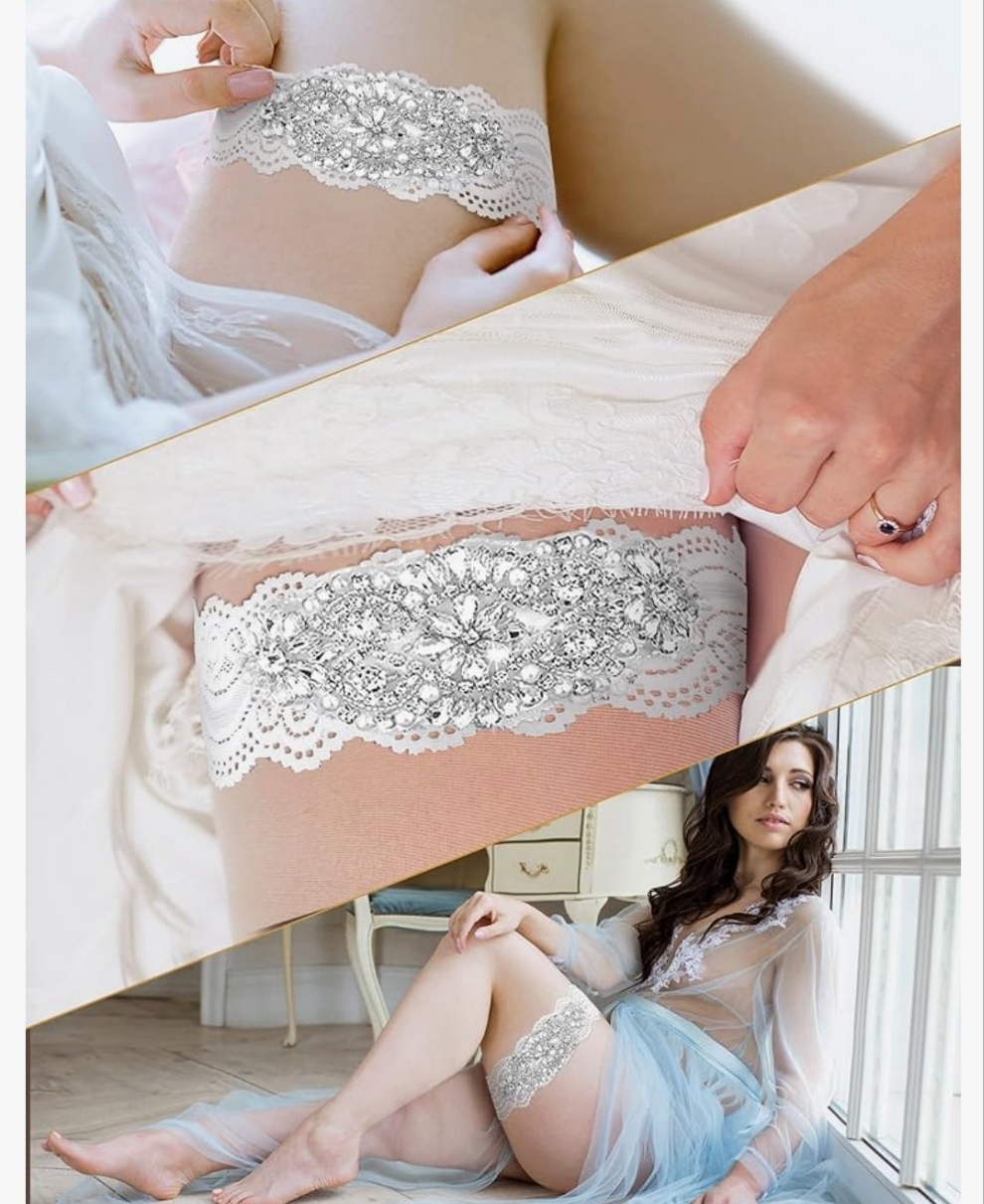 Stretch Lace Garter for Bride Wedding Bridal Leg Garter Set Non Slip Silicone Thigh with Rhinestones Crystal