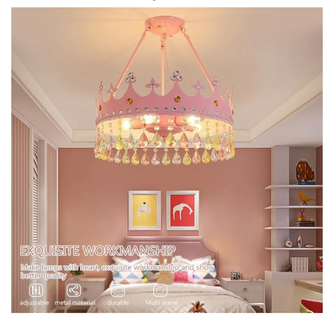 Mini Crystal Chandelier Crown Pink Chandelier Modern Round Elegant Crown Shape with Crystal Pendant Metal Lamp Body LED Ceiling Pendant Light Fixture