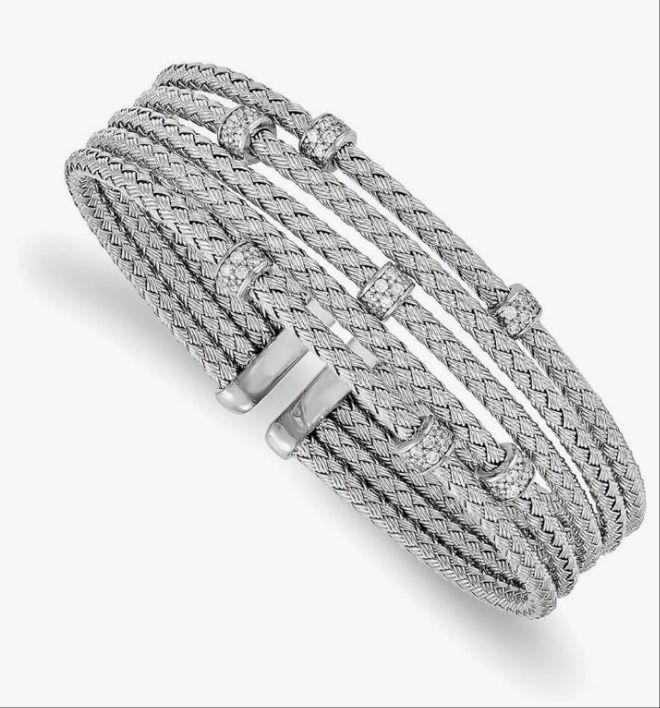 925 Sterling Silver Polished Rhodium Plated CZ Cubic Zirconia Simulated Diamond Woven Flexible Cuff Stackable Bangle Bracelet - Bangle Bracelet for Women
