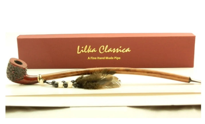 Extra Long 14" Stem Churchwarden Pipe - With Indian Spirit Feathers & Beads - Hand Made Wood Smoking Bowl - in Gift Box