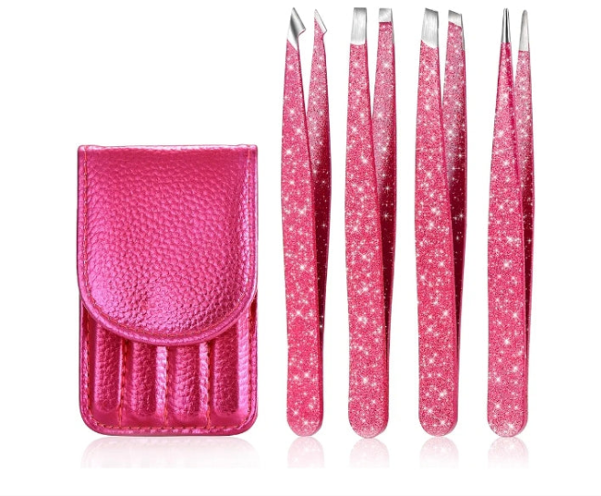Glitter Tweezer Set 4-Piece Professional Stainless Steel Tweezers for Men and Women, Precision for Eyebrows, Ingrown Hair, Facial Hair, and Lash Extensions