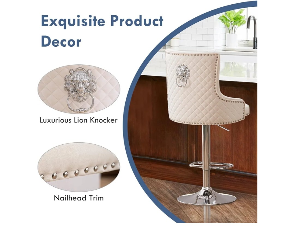 Velvet Swivel Adjustable Bar Stools Set, Modern Counter Height Stools with High Tufted Back,Barstools with Chrome Footrest/Lion Pull Ring/Diamond Pattern,Kitchen Dining Pub Chairs,