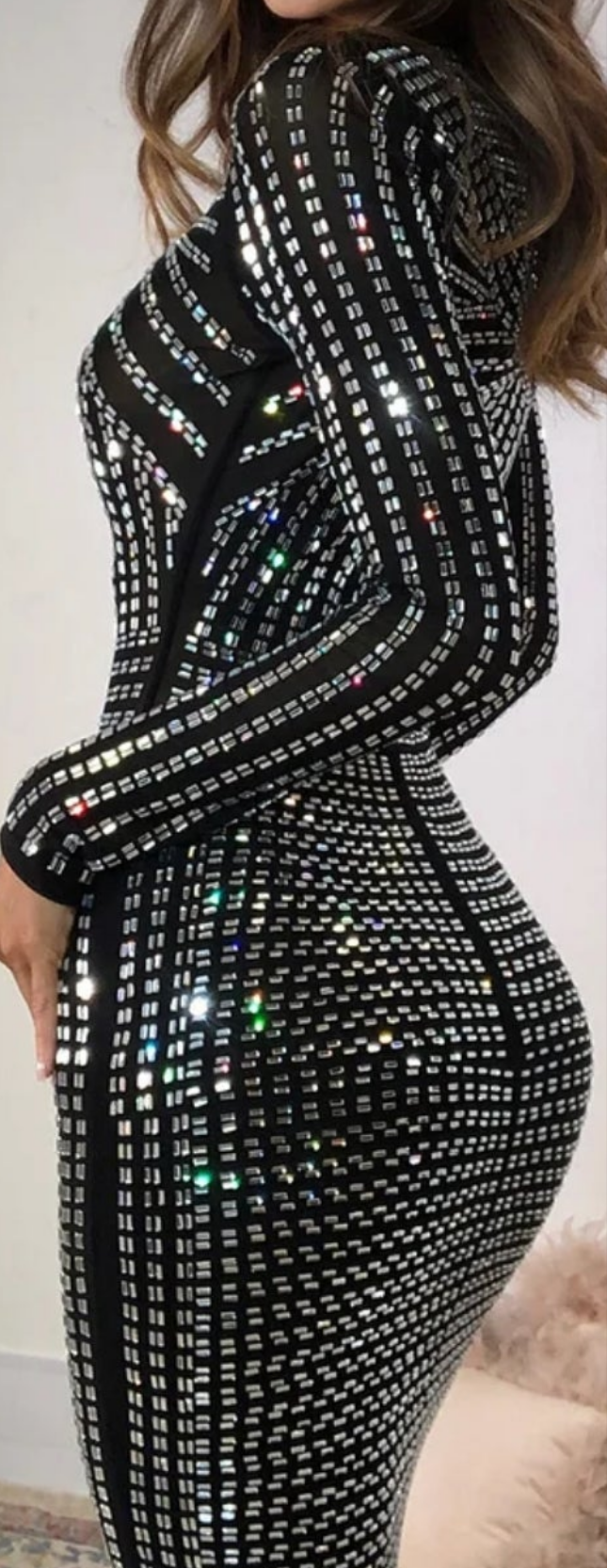 Stand Collar Long Sleeve Rhinestone Tunic Midi Dress-Black COCOMONEY