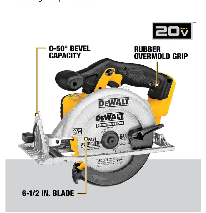 DEWALT 20V MAX Circular Saw, 6-1/2-Inch Blade, 460 MWO Engine, 0-50 Degree Bevel Capability, Bare Tool Only