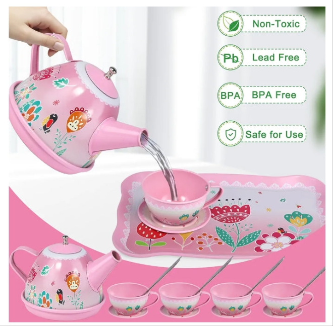Tea Party Set for Little Girls,PRE-WORLD Princess Tea Time Toy Including Dessert,Cookies,Doughnut,Teapot Tray Cake, Tablecloth & Carrying Case,Kids Kitchen Pretend Play for Girls Boys Age 3+