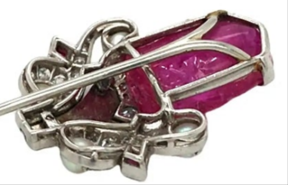 Cartier, Platinum 18K Gold Ruby Pearl Enamel Diamond Jabot Brooch, IAJA, GIA Diamonds: Approximately 0.32 ct Burma No-heat carved Ruby: