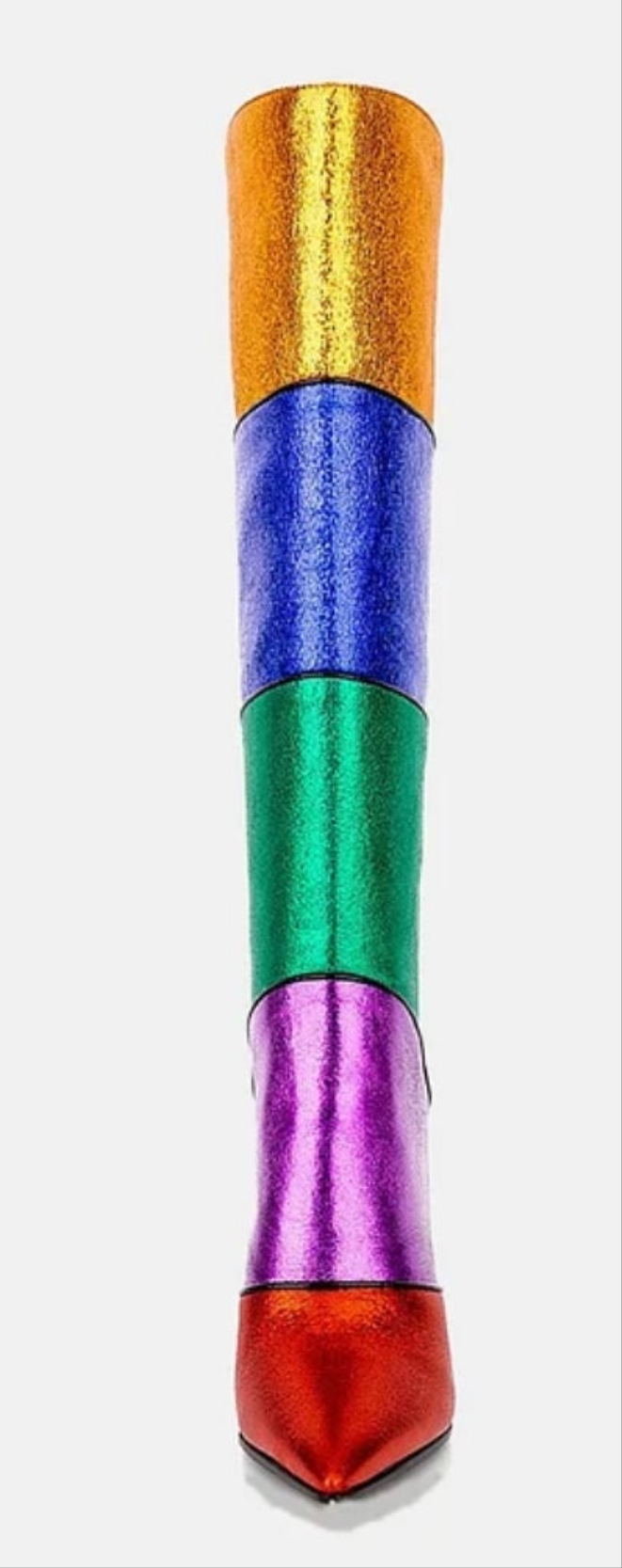 Metallic Colorblock Pointed Toe Chunky Heel Boots-Rainbow
