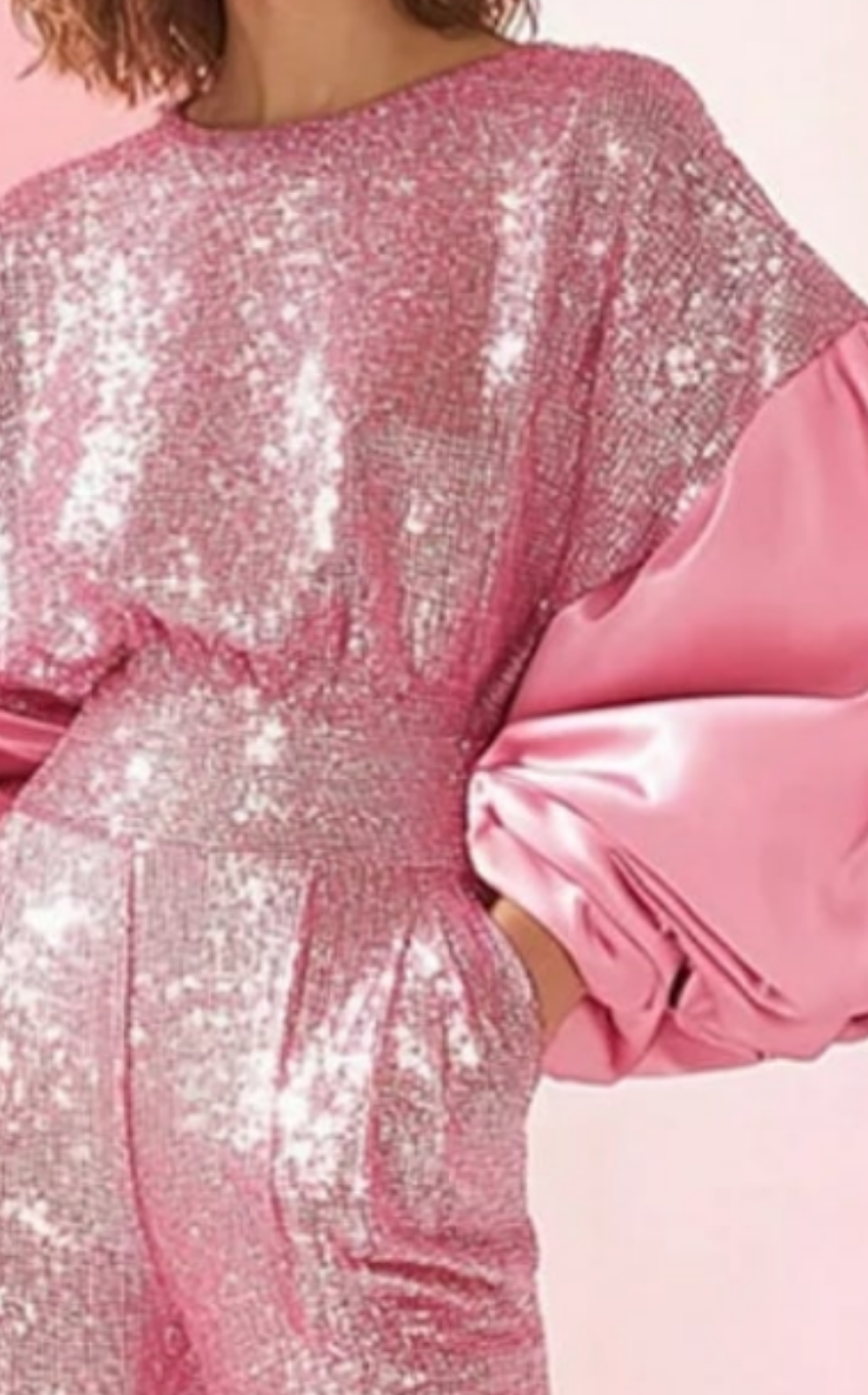 COCOMONEY Patchwork Sequins Puff Sleeve Pocket Jumpsuit-Pink