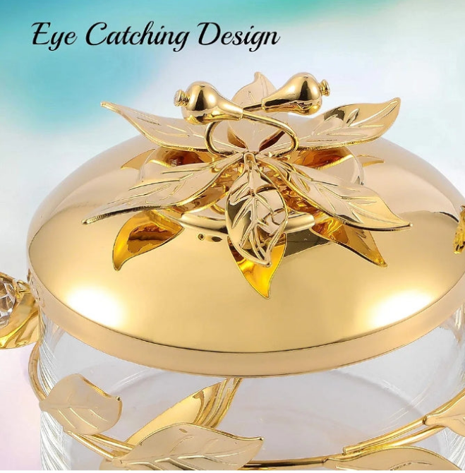 24K Gold Plated Sugar Bowl, Honey Dish, Candy Glass Bowl - Flower and Vine Design w/Spoon Great Gifts idea for Mother's Day, Birthday, Anniversary