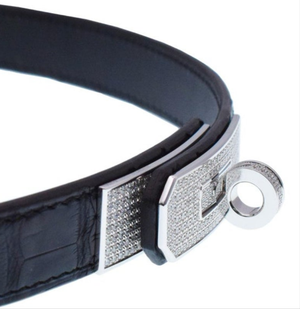 Hermes "KELLY" Diamond Buckle Crocodile belt 18k white gold and diamond