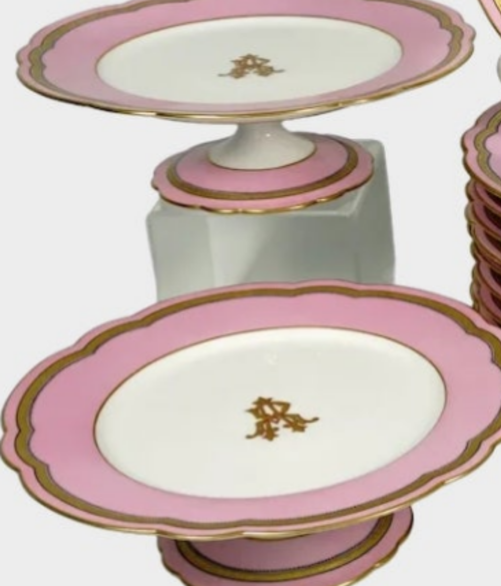 Antique French Old Paris Porcelain Pompadour Pink 15pc Dessert Service Hand Painted Gold Monogram