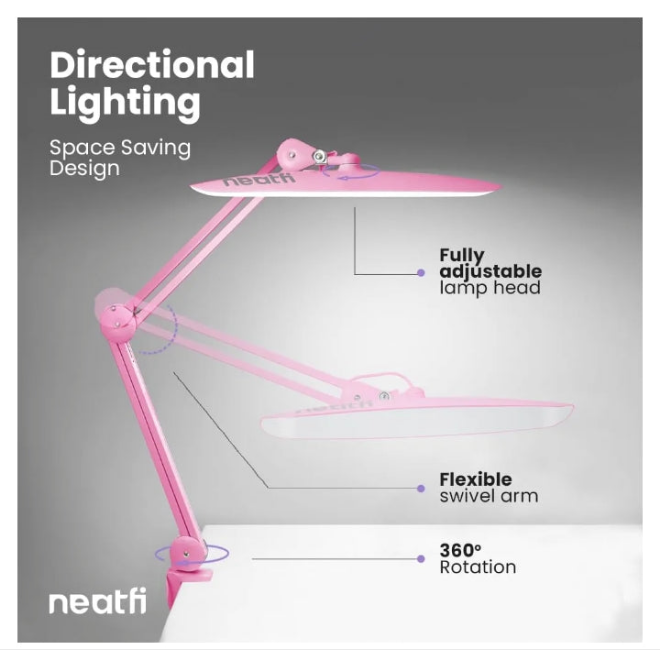 XL 2,200 Lumens LED Desk Lamp with Clamp, 24 Watt Bright Architect Task Lamp, 20 Inches Dimmable Computer Light, Adjustable Desk Light for Home, Office, Crafts, Nails & Hobbies (Non-CCT, Pink)