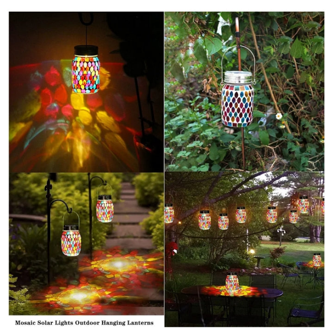 Mosaic Solar Lights Outdoor Hanging Lanterns, Rechargeable Mosaic Solar Lanterns, Outdoor Waterproof Solar Night Lights Table Lamps for Decorations