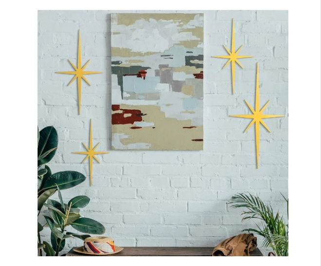 4 Pcs Cast Iron Starburst Wall Decor Pointed Atomic Stars Wall Hangings Mid Century Modern Elegance Wall Accents Easy Install Finish Metal Wall Art for Home Office Room