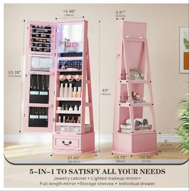 360°Swivel jewelry organizer with Full Length Mirror with Lights,Jewelry Armoire Cabinet Standing with Drawers,Large Mirror Storage for Jewelry and Makeup,Best