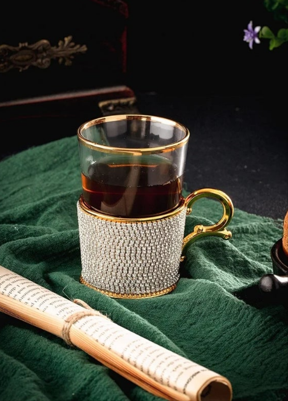 Luxury Handmade Rhinestone Crystal Decorated Fancy Coffee Tea Beverage Glasses Cups with Holders, 7 Ounces (SET OF 1)