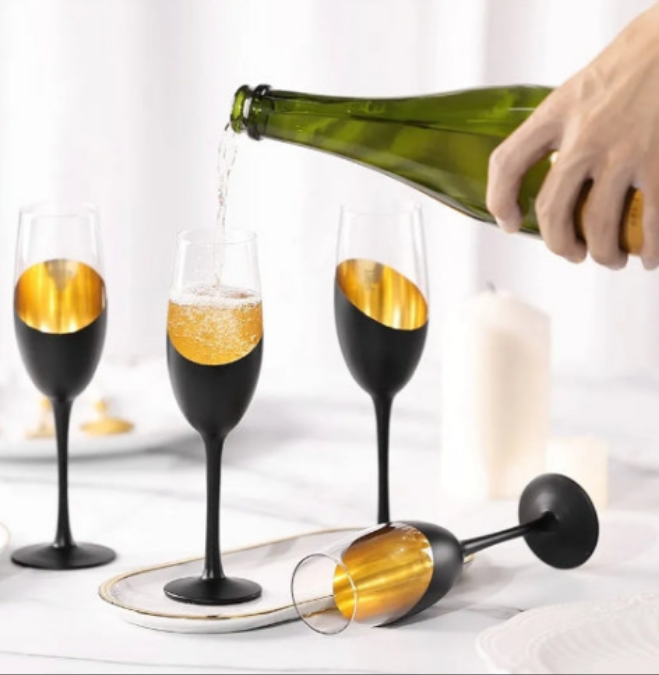 Gold plated Stemmed Champagne Flute Glass Set of 4 with Black and Gold Plated Design, Bachelorette Toasting Glasses Party and Wedding Wine Glass, 8 oz