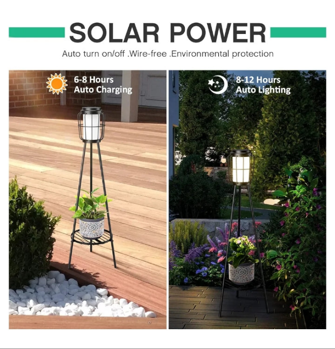 2 Pack Solar Lights Outdoor with Plant Stands, Solar Floor Lamp, Solar Powered Street Lights Metal Tripod Deck Lights, Patio Decor for Garden Yard Pathway Driveway Porch