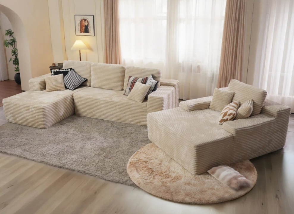 3-Piece No-Assembly Living Room Set, Plush Corduroy Modern Sectional Sofa With Loveseat And Chaise Lounge Bonless no wood or metal Boneless couch
