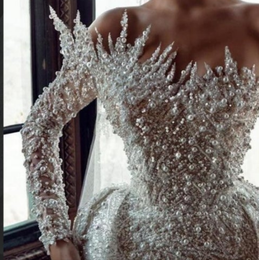 Stunning Long White One Shoulder A-line Beading Pearls Long Sleeve Weeding Dress With Train