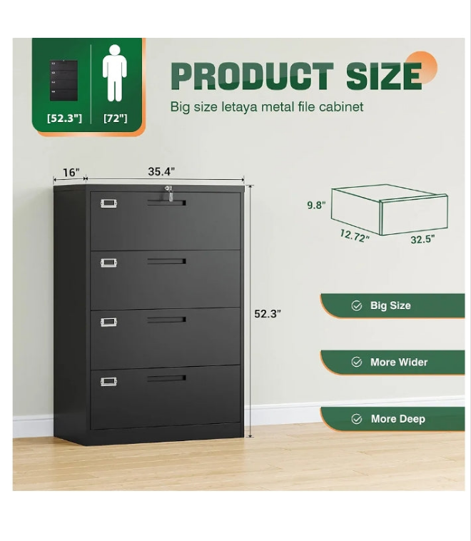 4 Drawer File Cabinet with Lock, Metal Lateral Filing Cabinet Wide Office Organization Storage for Home Office Hanging Letter/Legal/F4/A4 (White-Requires Installation