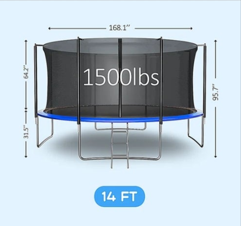 14FT Round Backyard Outdoor Trampoline with Safety Enclosure, Light, Sprinker, with accessories