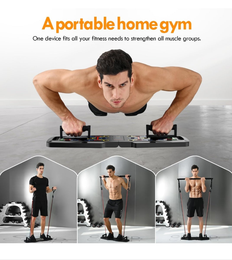 Push Up Board,Home Gym,Portable Exercise Equipment,Pilates Bar and 20 Fitness Accessories with Resistance Bands and Ab Roller Wheel,Full Body Workout at Home