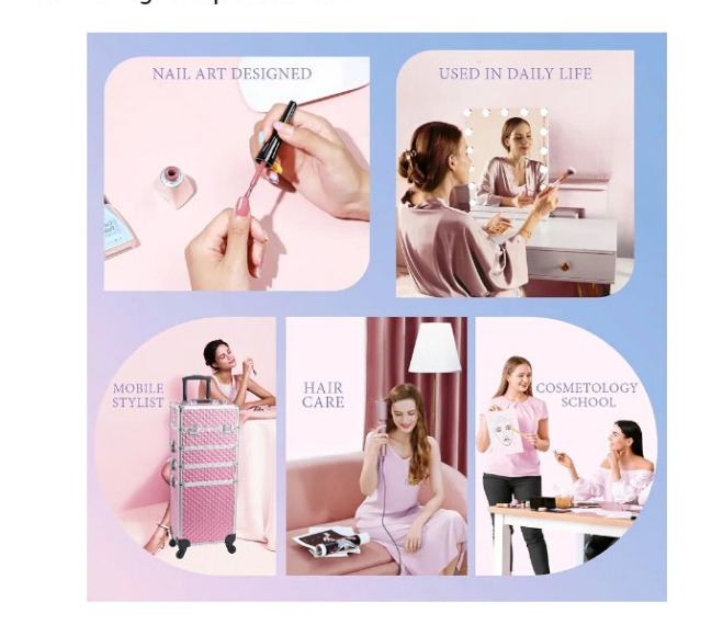 Rolling Makeup Train Case Large Storage Cosmetic Trolley 4 in 1 Large Capacity Trolley Makeup Travel Case with Key Swivel Wheels Salon Barber Case Traveling Cart Trunk