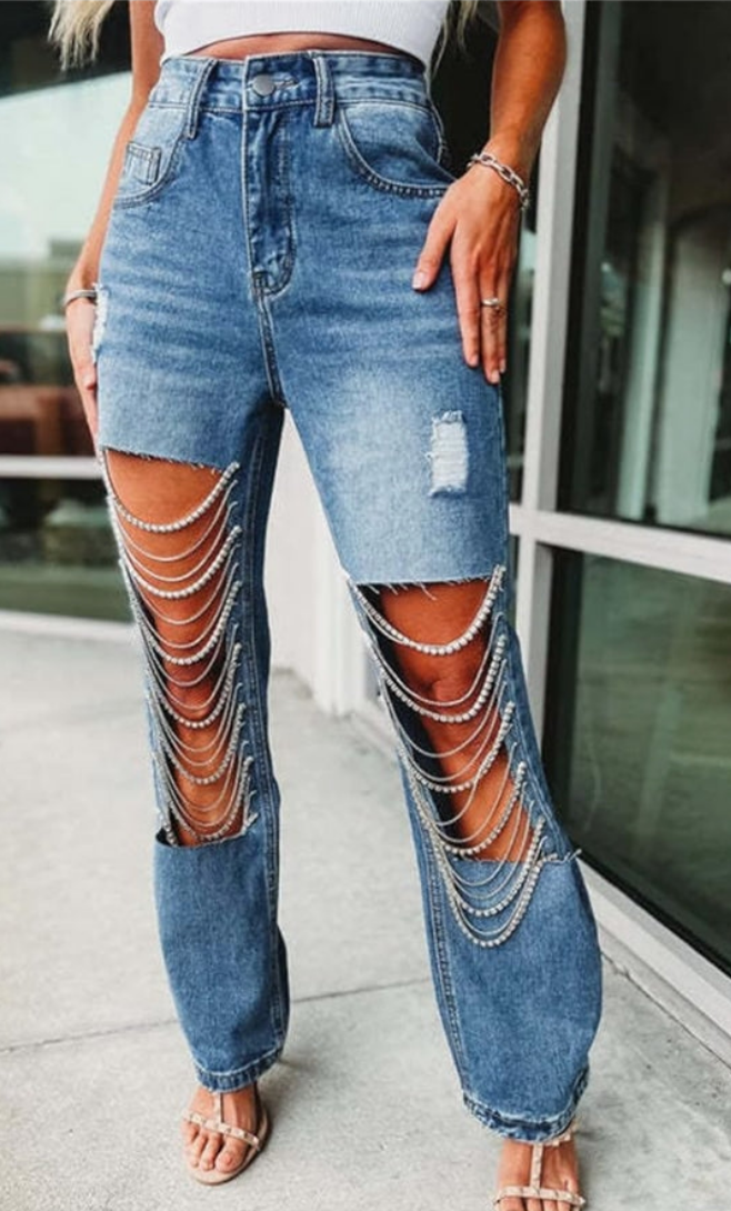 Sexy Ripped Distressed Destroyed Rhinestones Chain Party Clubwear Denim Pants Jeans