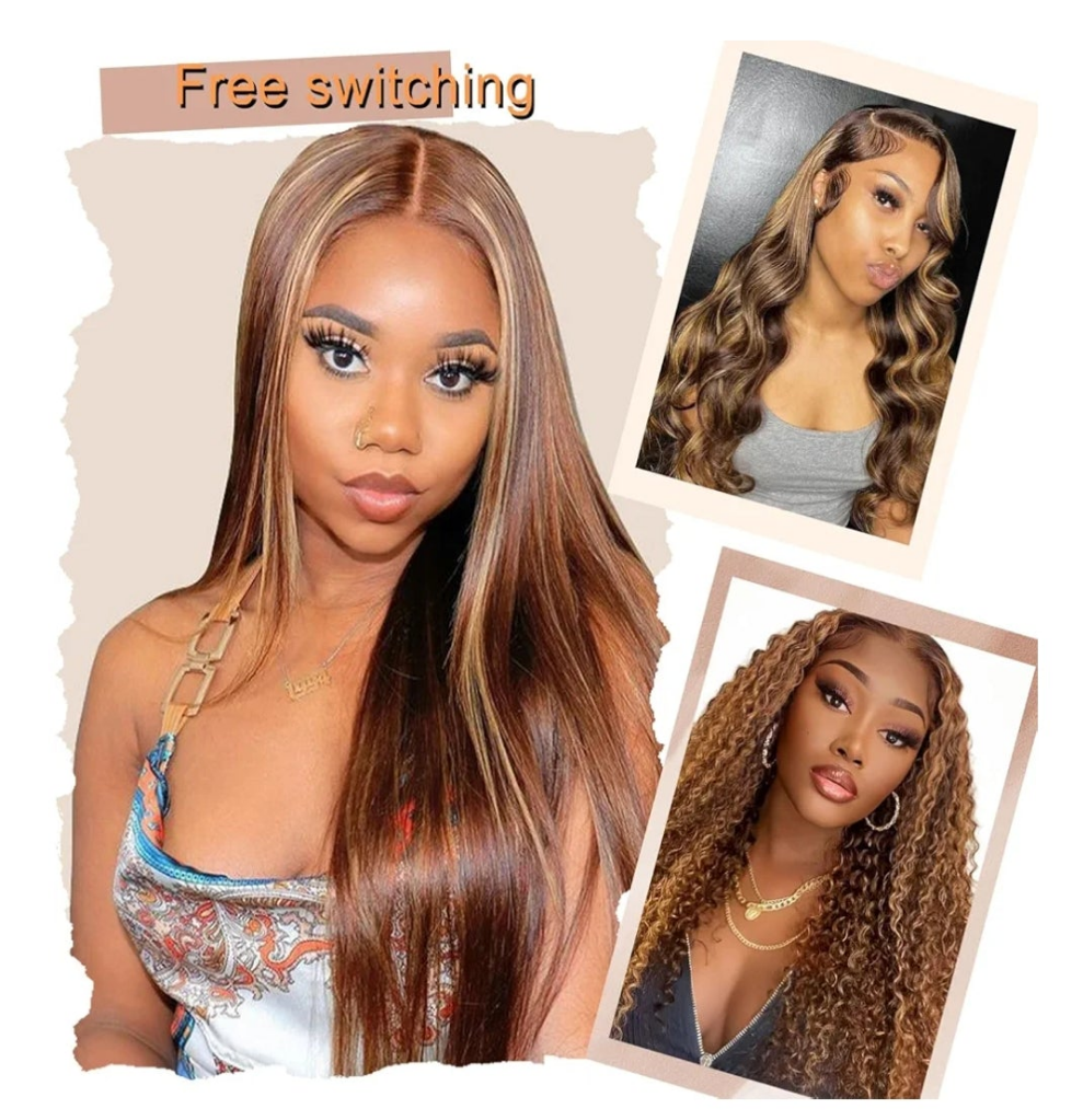 Real Human Hair Wig 30 Inch Ombre 13x6 Lace Front Wig Human Hair 210% Density 4/27 Highlight Wigs Honey Blonde Body Wave Lace Front Wig Pre Plucked HD Frontal Wig Glueless Wigs
