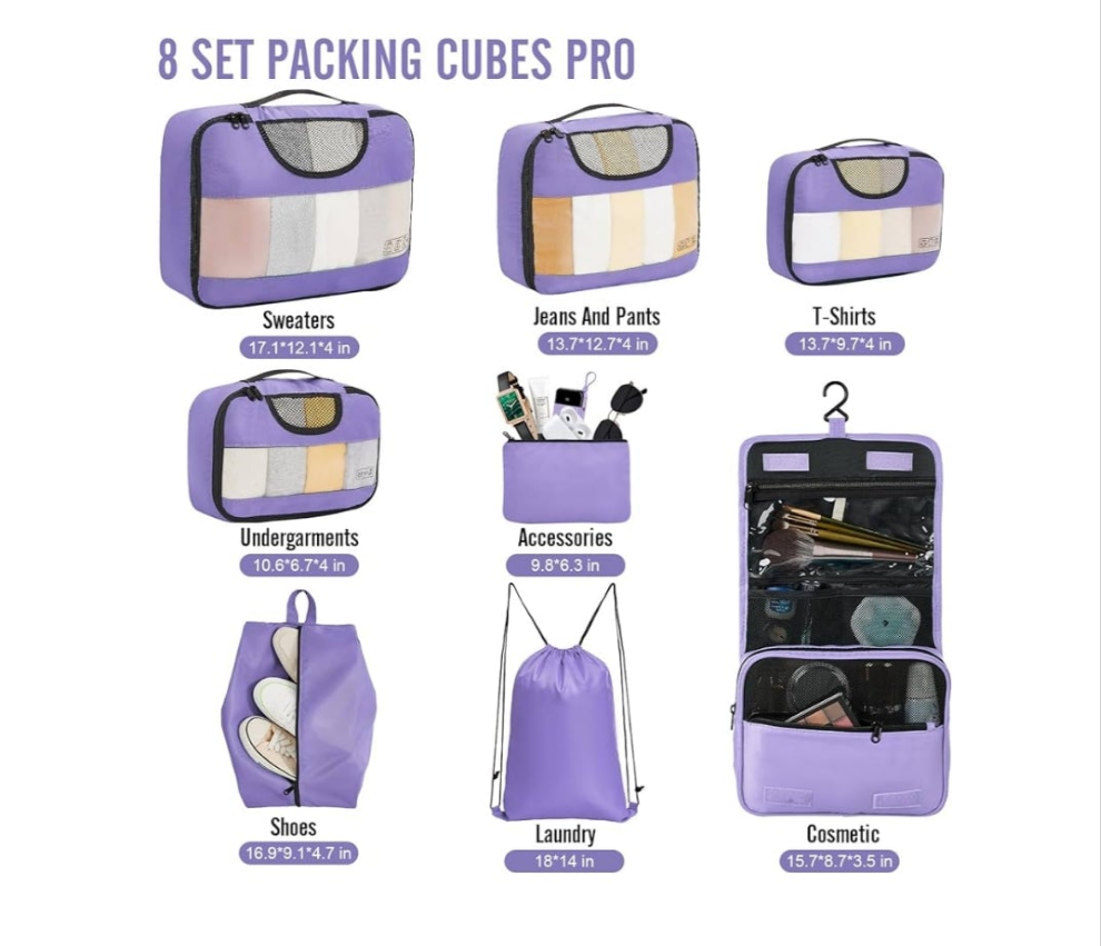 8 pc Set Packing Cubes for Travel Essentials, Suitcase Organizer Bags Set for Luggage, Road Trip Travel Accessories in 4 Sizes (Extra Large, Large, Medium, Small), Purple