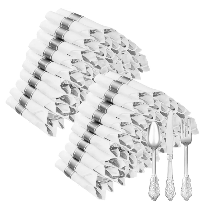 100 Pack Gold Plastic Silverware with Pre Rolled Napkins for 100 Guests, Heavyweight Gold Disposable Utensils Sets Includes 300 Plastic Cutlery, and 100 Napkins for events