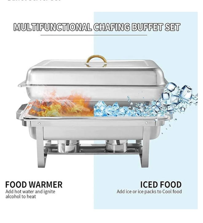 Gold Plated Square Chafing Dish & Food Warmers for Caterings Parties, Stainless Steel Commercial Catering Buffet Server Set