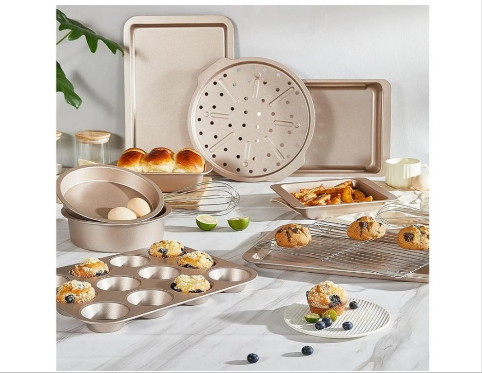 Bakeware Sets, Baking Pans Set, Nonstick Oven Pan for Kitchen with Wider Grips, 10-Piece Including Rack, Cookie Sheet, Cake Pans, Loaf Pan, Muffin Pan, Pizza Pan -