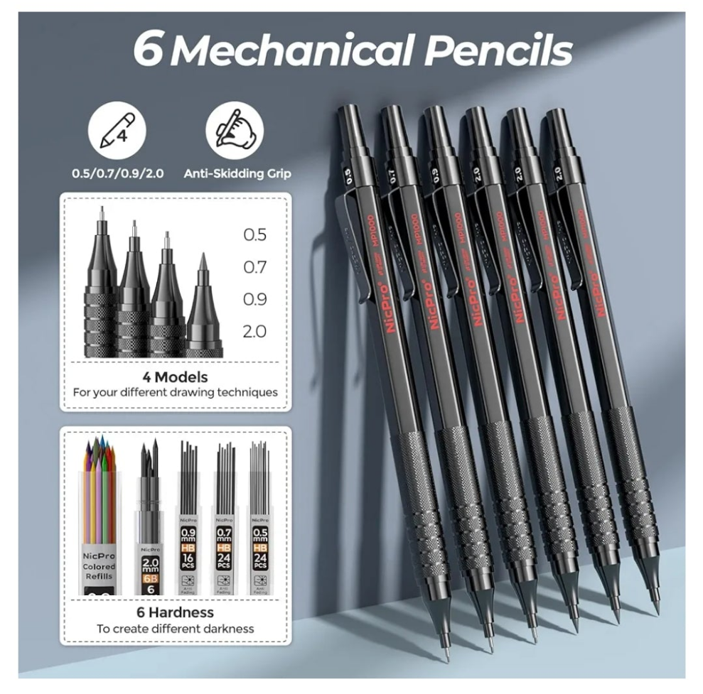 58PCS Art Drawing Supplies Kit in Leather Case, MP1000 Black Metal Mechanical Pencil Set with Drafting Pencil 0.5, 0.7, 0.9 & 2mm, 12 Micron Pen, Sketch Book, 30 Tube Lead Refills for Sketching