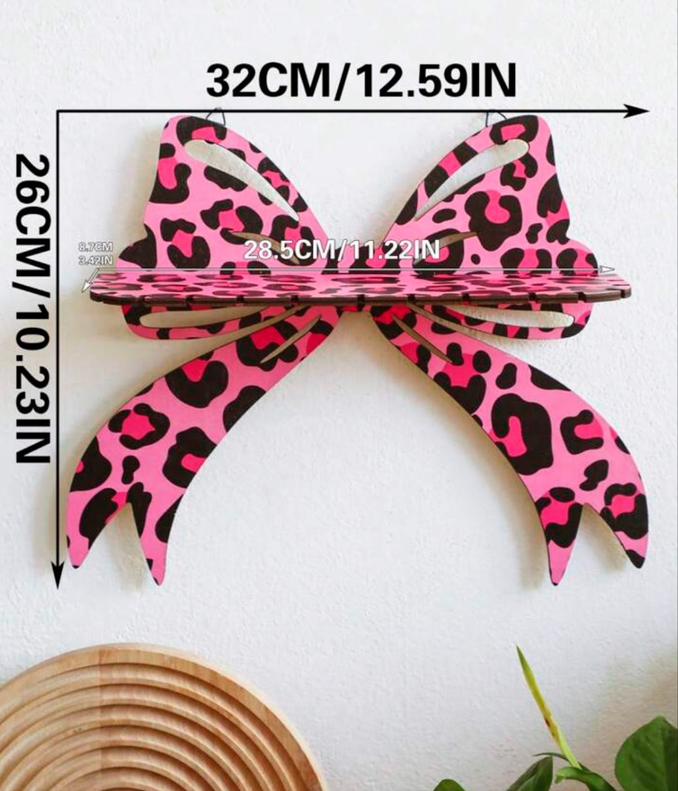 2pc Leopard Bow Wall Shelf – Wooden Crystal Display Stand With Hooks, Decorative Hanging Jewelry Holder For Bedroom, Living Room, Or Vanity, Leopard Print Design,Home Decor ,Room Decor,Wall Decor