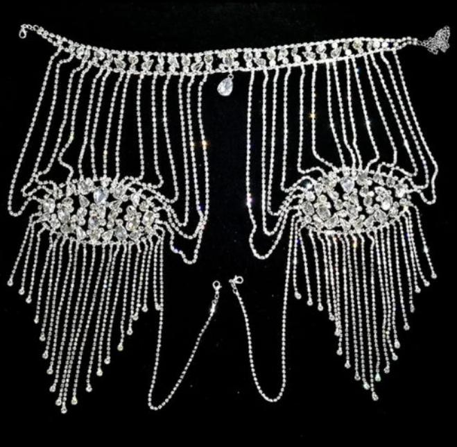 Rhinestone Shoulder Chain Wedding Dress Long Shoulder Belt Multi-Layer Tassel Body,Silver