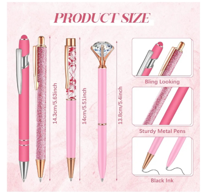 8 Pcs Ballpoint Pens with Pen Holder for Desk Metal Crystal Diamond Pen Glitter Pencil Holder Fancy Pens Black Ink Bling Desk Organizer for Women Girls Office School Wedding Gifts