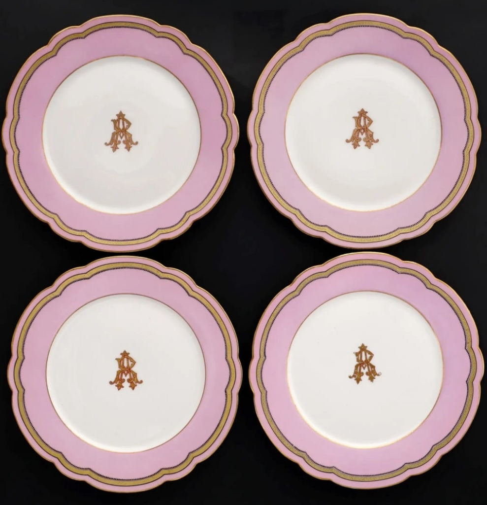 Antique French Old Paris Porcelain Pompadour Pink 15pc Dessert Service Hand Painted Gold Monogram