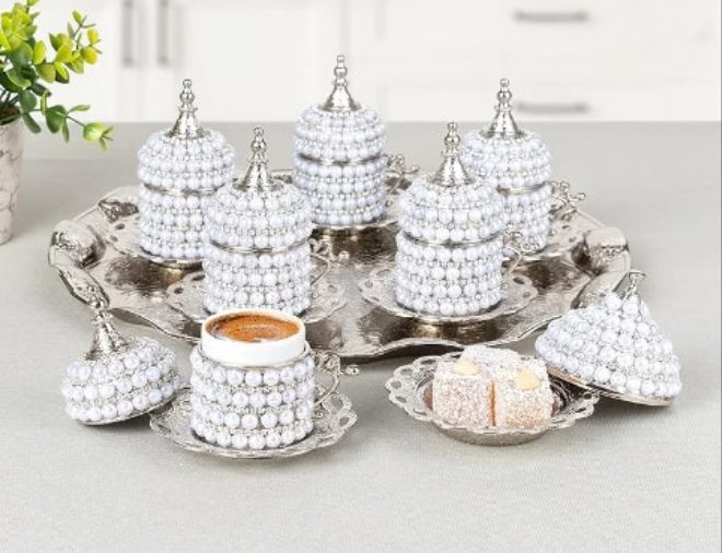 27 Pc Ottoman Turkish Greek Arabic Coffee Espresso Serving Set with Pearl Embellishments, Saucer and Sugar Dish (Silver)