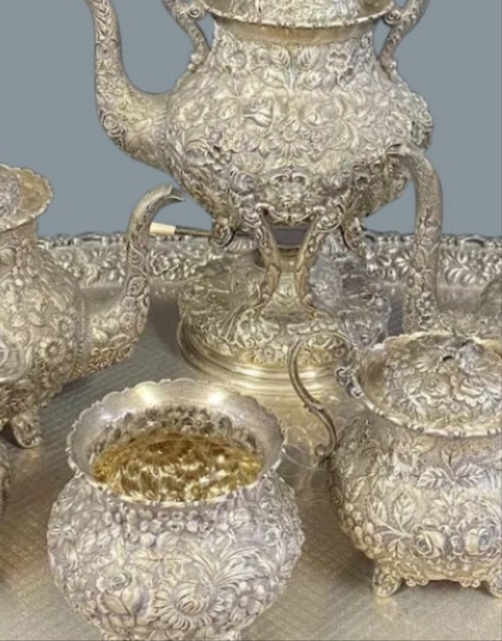 Sterling Silver Repousse Tea Service 7 Piece Set w/Tray A.G. Schultz