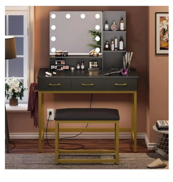 Vanity Desk with Mirror and Lights, Makeup Vanity with Wider Cushioned Stool, Vanity Set with USB Power Outlet, 3 Drawer,White (White One Size)
