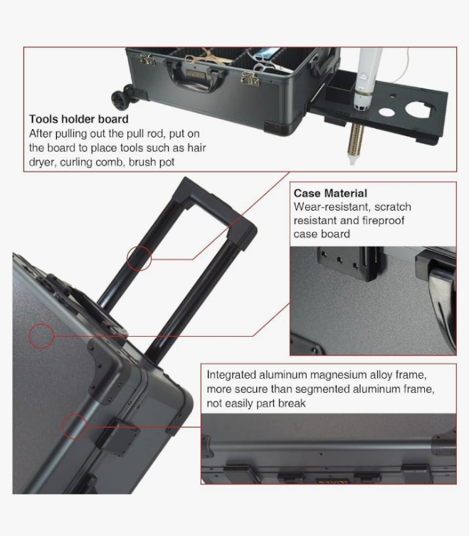 Rolling Makeup Train Case with Mirror and Lights Cosmetic Travel Box Mobile Barber Stations with Bluetooth, Speaker, Wheels, Stands