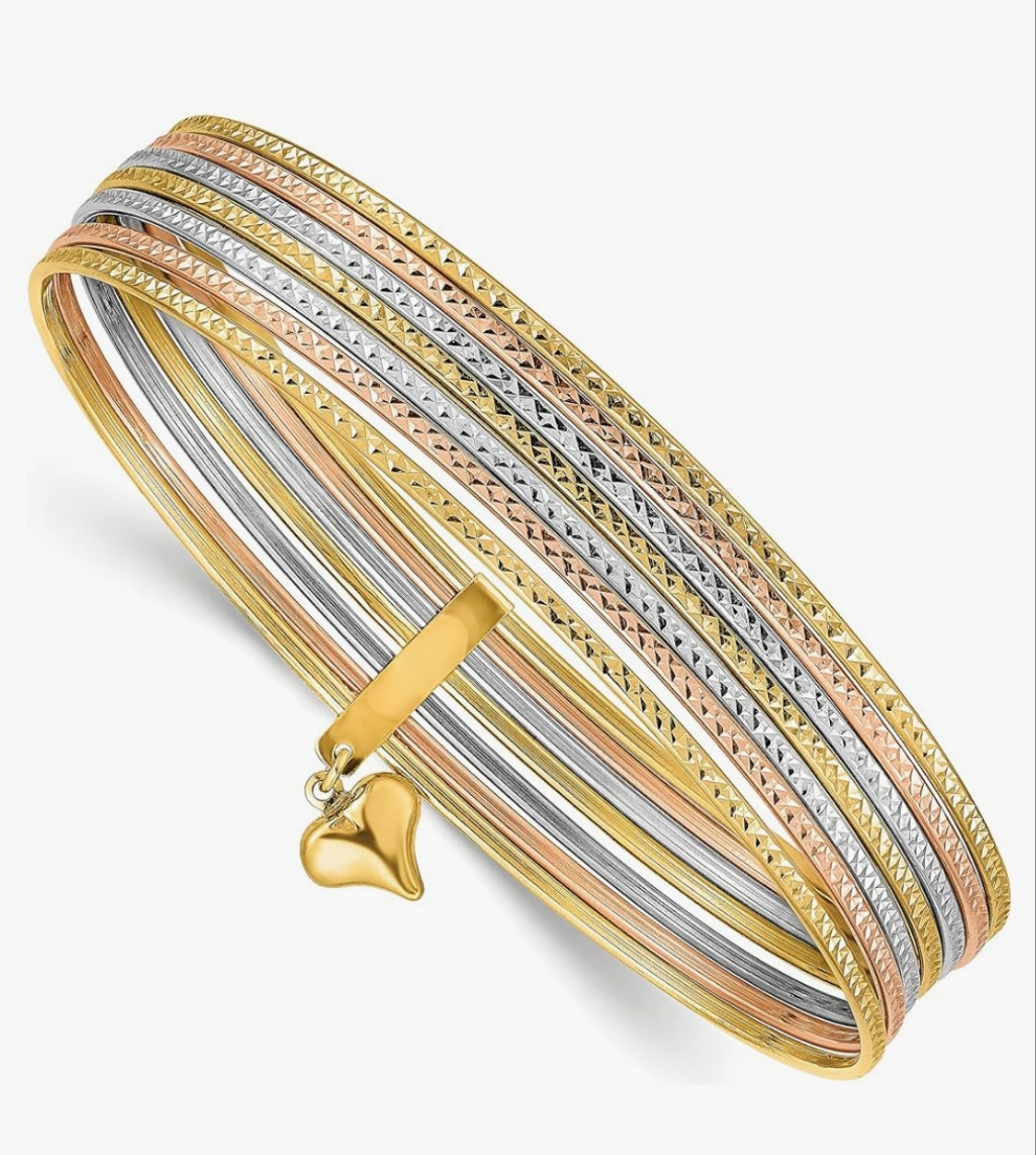 14K Solid Dangling Heart Love Tri Color Pink White Yellow Gold Set of 7 Slip On Bangle Bracelet